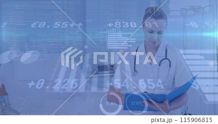 Image of financial data over caucasian female doctor making notes 115906815