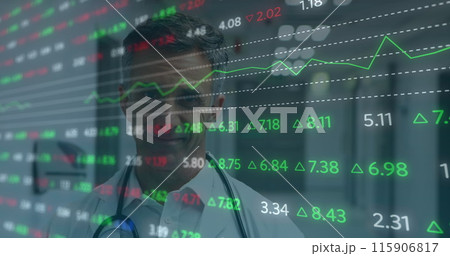 Image of financial data over happy senior caucasian male doctor making notes Image of financial data over happy senior caucasian male doctor making notes 115906817