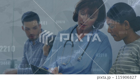 Image of financial data over caucasian female doctor talking with patient 115906827