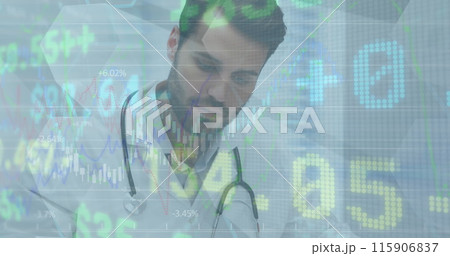 Image of financial data over caucasian male doctor making notes Image of financial data over caucasian male doctor making notes 115906837