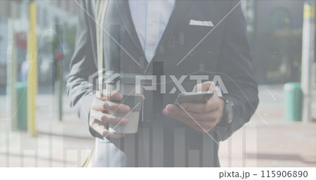Image of financial graphs over midsection of caucasian businessman using smartphone 115906890