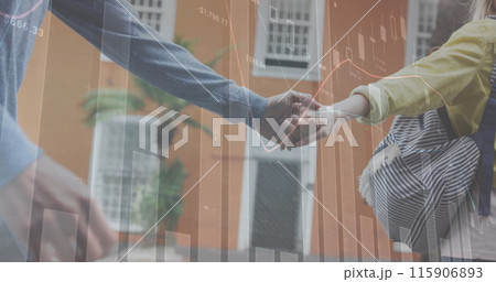 Image of financial data and graphs over caucasian couple holding hands 115906893
