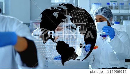 Image of globe over group of diverse scientists in lab Image of globe over group of diverse scientists in lab 115906915