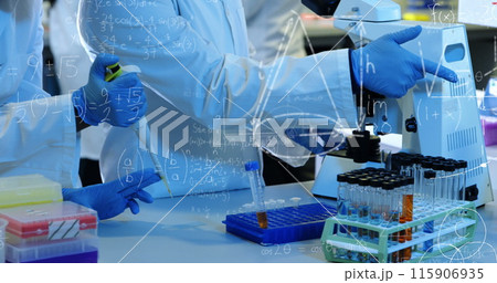 Image of mathematical equations over group of diverse scientists in lab Image of mathematical equations over group of diverse scientists in lab 115906935