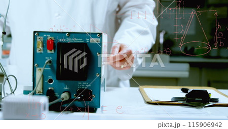 Image of mathematical equations over caucasian male scientist in lab 115906942