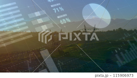 Image of statistics and data processing over electricity pylon and landscape Image of statistics and data processing over electricity pylon and landscape 115906973
