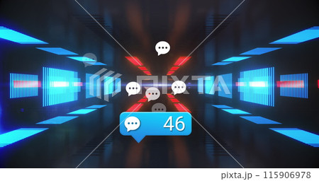 Image of social media reactions over tunnel made of moving neon lights 115906978