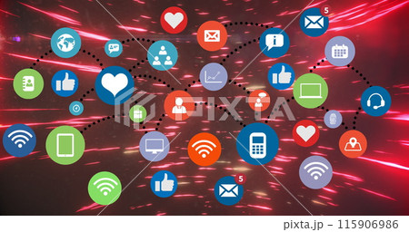 Image of social media icons over red lights moving fast on black background Image of social media icons over red lights moving fast on black background 115906986