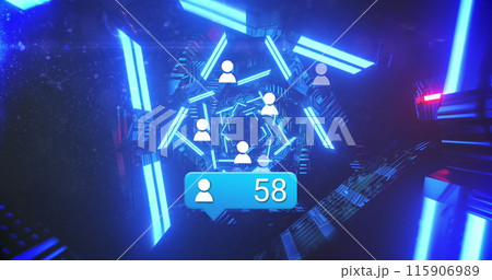 Image of icons and glowing blue shapes over dark background 115906989