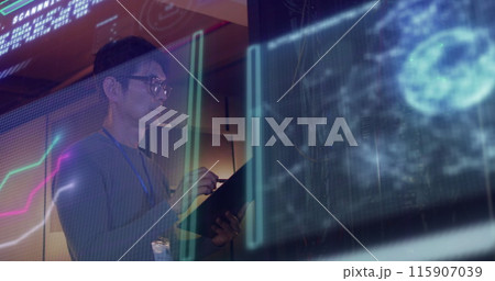 Image of data processing over asian male worker in server room 115907039