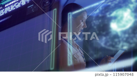 Digital interface with data processing against female caucasian engineer working at server room 115907048