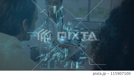 Image of data processing over african american female doctor with patients 115907100