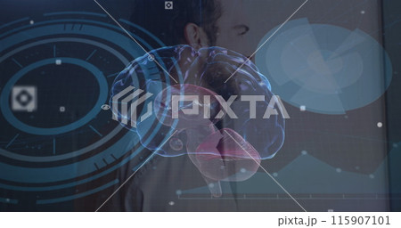 Image of data processing over caucasian male doctor with tablet 115907101