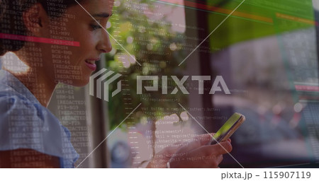 Image of digital interface over biracial women using smartphone 115907119