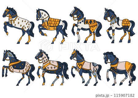 A series of horses are shown in various poses, with some standing 115907182