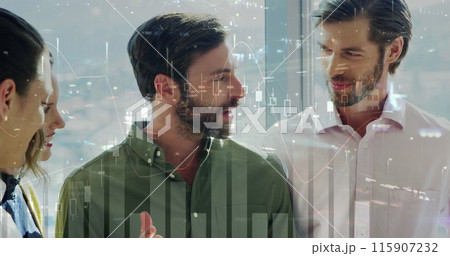 Image of financial data processing over diverse group of business people Image of financial data processing over diverse group of business people 115907232
