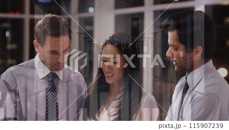 Image of financial data processing over diverse group of business people 115907239