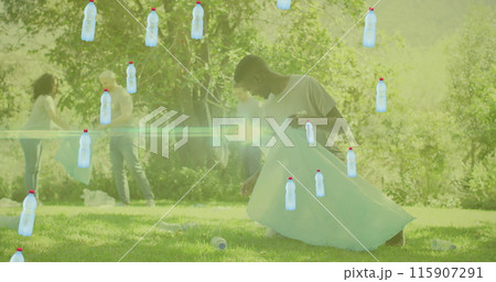 Image of bottle icons over diverse volunteers segregating waste Image of bottle icons over diverse volunteers segregating waste 115907291