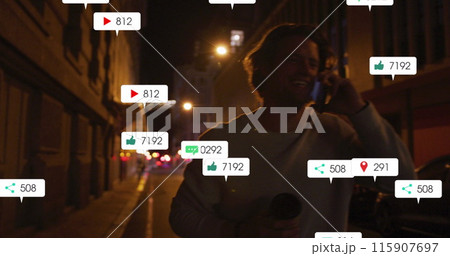 Image of social media icons and numbers over caucasian man using smartphone 115907697