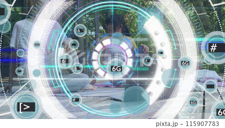 Image of data processing and 6g texts over asian mother and daughter in garden Image of data processing and 6g texts over asian mother and daughter in garden 115907783