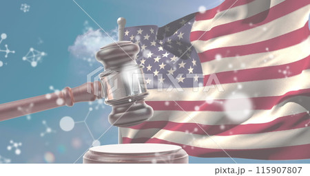 Image of molecules over gavel and flag of usa Image of molecules over gavel and flag of usa 115907807