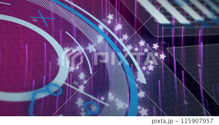 Image of data processing and stars over light trails on purple background 115907957