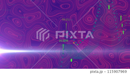 Image of data processing over shapes on purple background 115907969