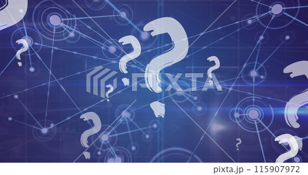 Image of question marks over network of connections on blue background 115907972