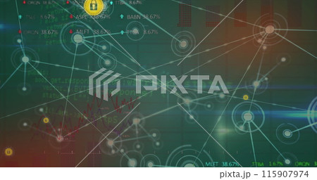 Image of padlock icon over network of connections and data processing on blue background 115907974