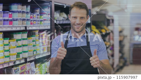 Image of data processing over caucasian male worker in shop 115907997