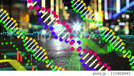Image of data processing over dna strands and cityscape 115908045