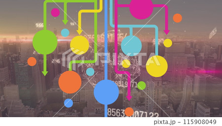 Image of data processing over shapes and cityscape 115908049