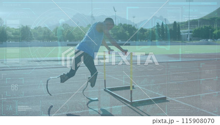 Image of digital screen over african american man with running blade training at stadium Image of digital screen over african american man with running blade training at stadium 115908070