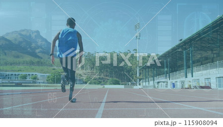 Image of digital screen over african american man with running blade training at stadium 115908094