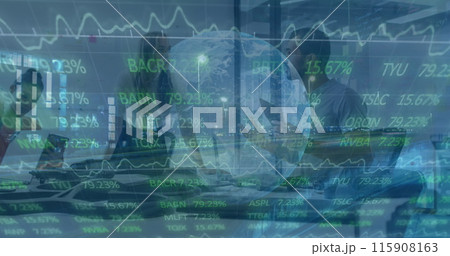 Image of stock market data processing over diverse male and female colleagues discussing Image of stock market data processing over diverse male and female colleagues discussing 115908163