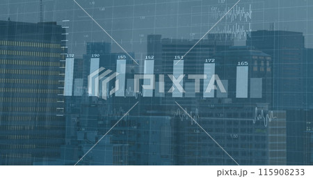 This image shows a cityscape with modern buildings and a clear sky 115908233