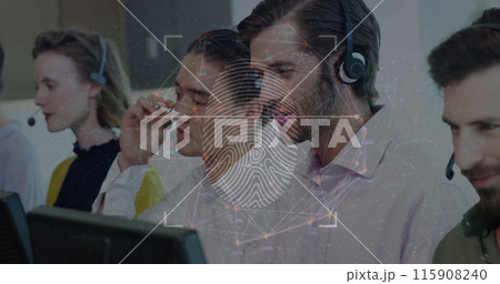Image of data processing and fingerprint over diverse business people in office 115908240