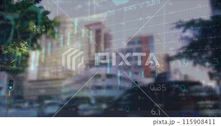 Image of statistics and financial data processing over cityscape Image of statistics and financial data processing over cityscape 115908411