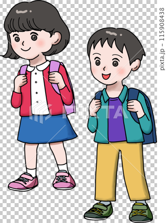 Elementary school students on their way to school 115908438
