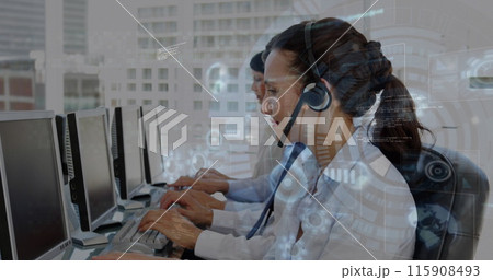 Image of data processing over caucasian woman wearing phone headset using computer at office 115908493