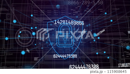 Image of changing numbers and security padlock icon against interface with data processing 115908645