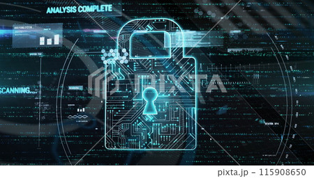 Image of multiple texts, graph and circuit board pattern in padlock against abstract background 115908650