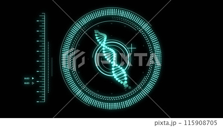 Image of data processing with scope scanning and dna strand on black background 115908705