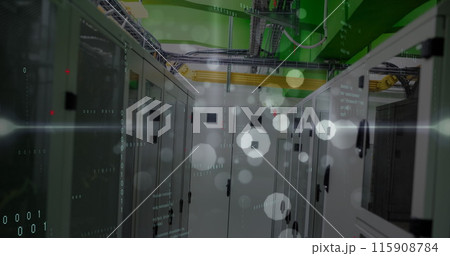 Image of data processing, light trails and white spots floating against computer server room 115908784