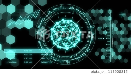 Image of data processing with scope scanning and globe of connections on black background Image of data processing with scope scanning and globe of connections on black background 115908815