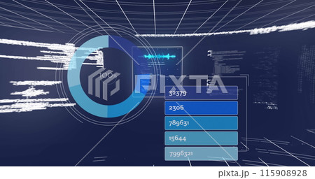 Image of multiple screens with data processing over grid network against blue background 115908928
