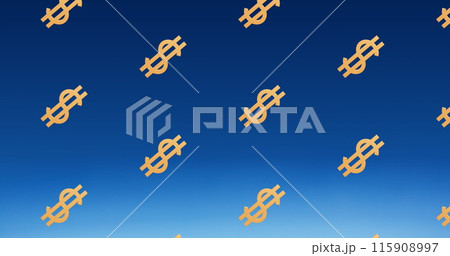 Image of yellow dollar icons repeated on blue background 115908997