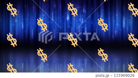 Image of yellow dollar icons repeated over blue light trails on black background Image of yellow dollar icons repeated over blue light trails on black background 115909026