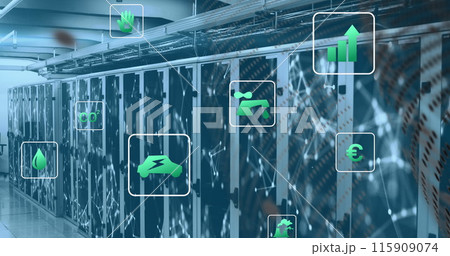 Image of green technology icons and connected dots on data server racks 115909074