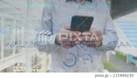 Image of financial data processing over caucasian businessman using smartphone 115909230